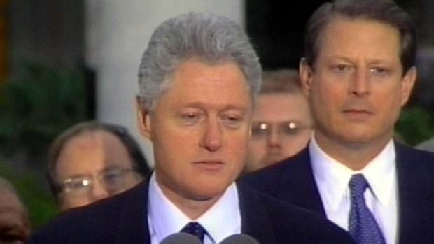 Then president Bill Clinton, making a short statement after being impeached  in 1998. He was later were acquitted by the Senate. 