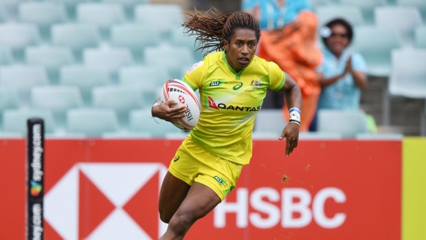 Try time: Ellia Green goes over to score at this year's Sydney Sevens. 