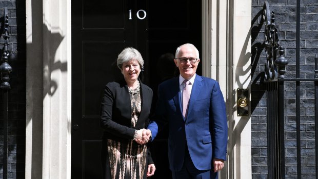 Malcolm Turnbull with British PM Theresa May outside Number 10 Downing Street in London last year.