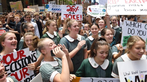 Thousands of students protested about climate change at Martin Place in Sydney on Friday.