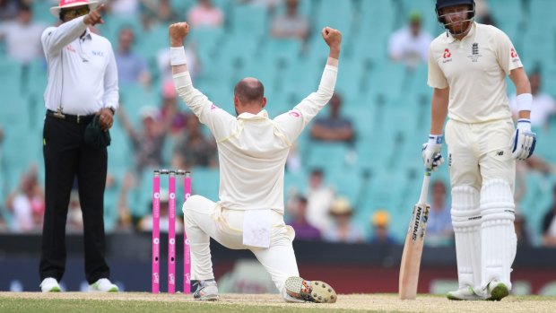 The champ: Nathan Lyon claims an Ashes wicket.