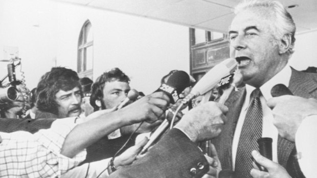 Maintain the rage: Whitlam addresses reporters on the steps of Parliament House after his dismissal.