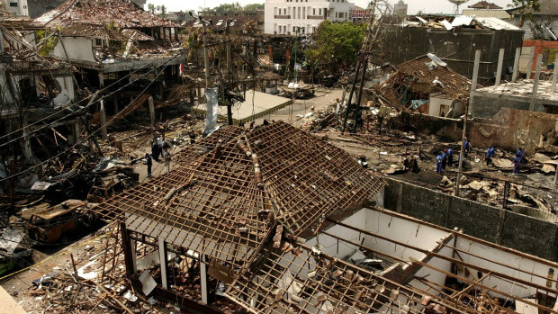 An aerial view of the impact of the October 12, 2002, bombing, committed by terror group Jemaah Islamiyah, of which Bashir was the spiritual leader.
