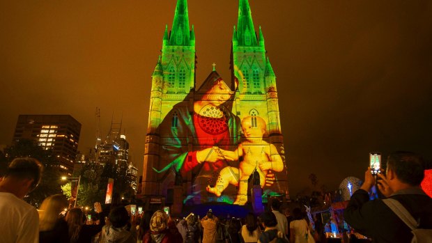 Christmas lights at St Mary's Cathedral in Sydney, 2018