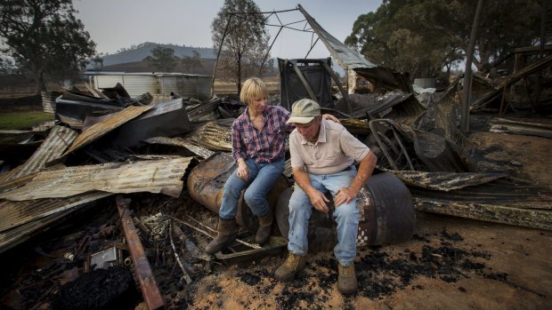 Sandy Wicks and her father Linton Vogel after fire ripped through Cudgewa in North Eastern Victoria.