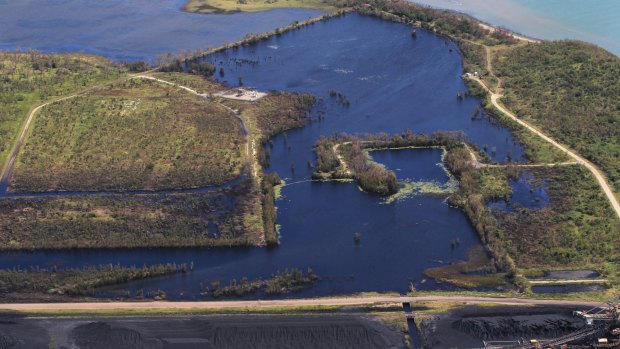 An image showing environmental damage to wetlands bordering Adani's Abbot Point coal terminal. 
