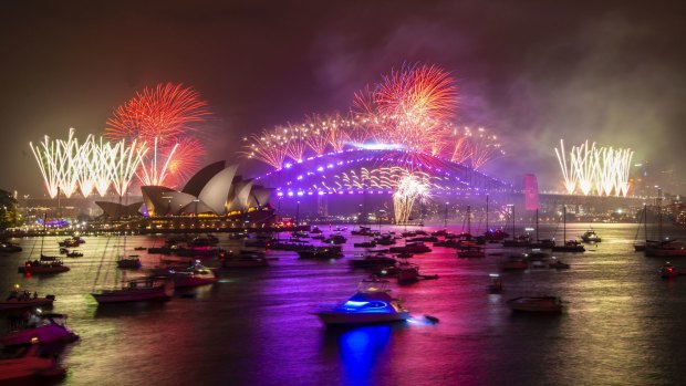 New Year's Eve fireworks on Sydney Harbour, viewed from Mrs Macquarie's Chair. 1st January 2020. 