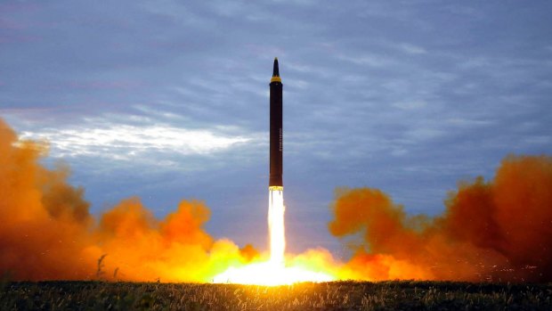 An August 2017 file photo shows what was said to be the test launch of a Hwasong-12 intermediate range missile in Pyongyang, North Korea. 
