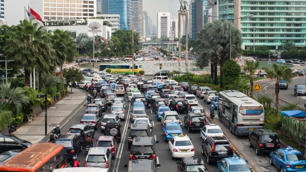 Heavy traffic sits during the afternoon rush hour in central Jakarta.