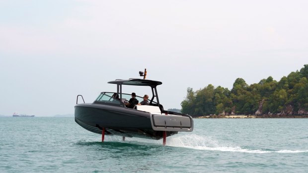 A C-8 electric hydrofoiling vessel in Singapore.