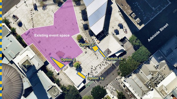 Proposed locations (yellow) for the fountain at King George Square.