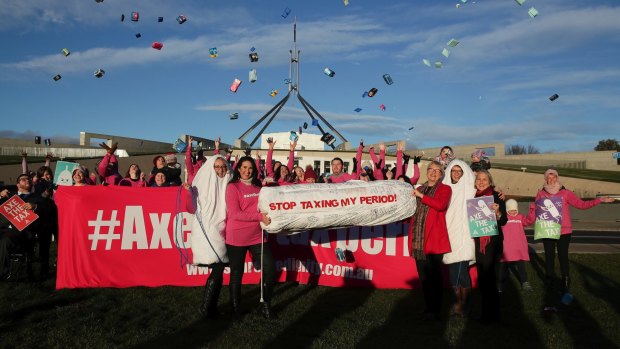 Greens Senators Janet Rice and Lee Rhiannon join protestors against the tampon tax at Parliament House in June 2018.