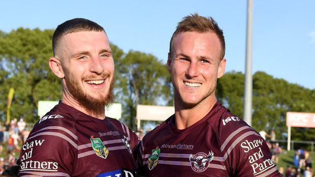 Jackson Hastings and Daly Cherry-Evans celebrate at Brookvale in 2018.