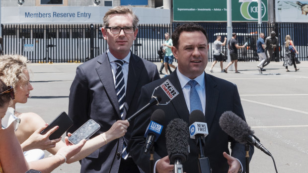 NSW Treasurer Dominic Perrottet and Minister for Sport Stuart Ayres announce the demolition and reconstruction of the Sydney Football Stadium.