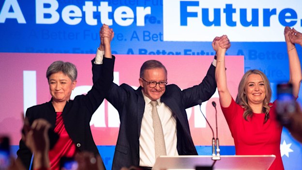 Anthony Albanese, with his partner Jodie Haydon, and now Foreign Minister Penny Wong, on his victorious election night address at the Canterbury-Hurlstone Park RSL.