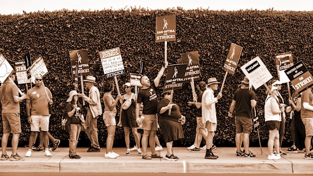 Picketers outside Paramount Studios in Los Angeles on July 17.
