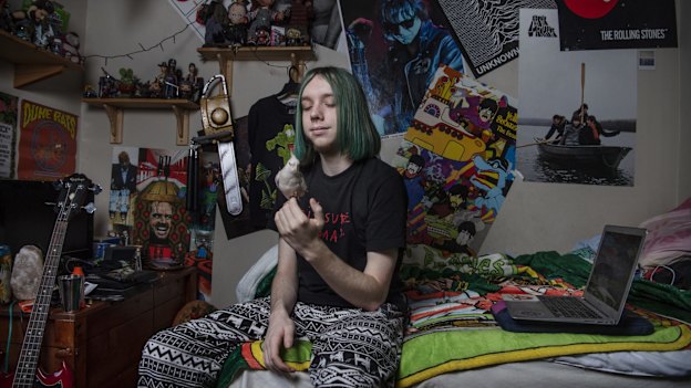 Year 12 Bradfield College student Jarvis Ayres in his bedroom at his Marrickville home.