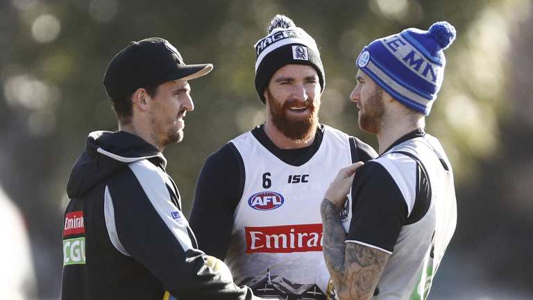 The Pies have had some good news on the injury front, with Tyson Goldsack (centre) and Jeremy Howe (right) progressing.