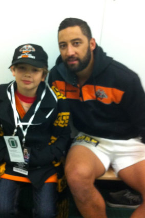 The author’s younger brother, Joe Manning, with Benji Marshall in the sheds after a game.