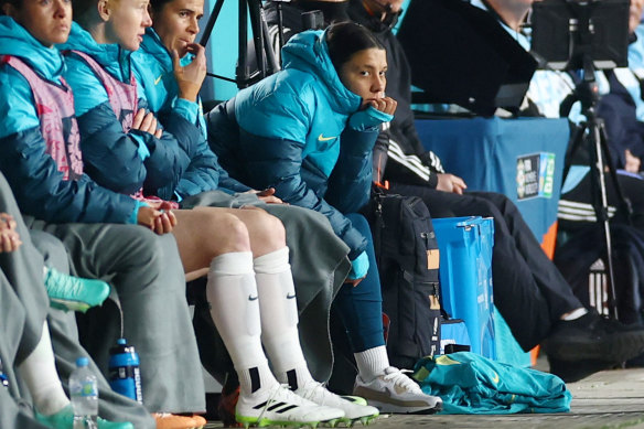 Sam Kerr watches on as Australia are without a goal at the half-time break.