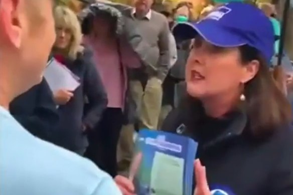 Stills from footage of Simon Holmes a Court confronting Liberal Senator Jane Hume outside a polling station in the seat of Kooyong, in Melbourne’s east.