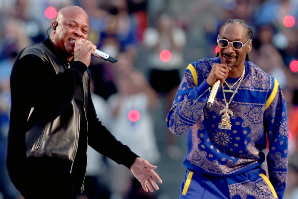 Dr Dre and Snoop Dogg perform at Super Bowl LVI at SoFi Stadium in Los Angeles.