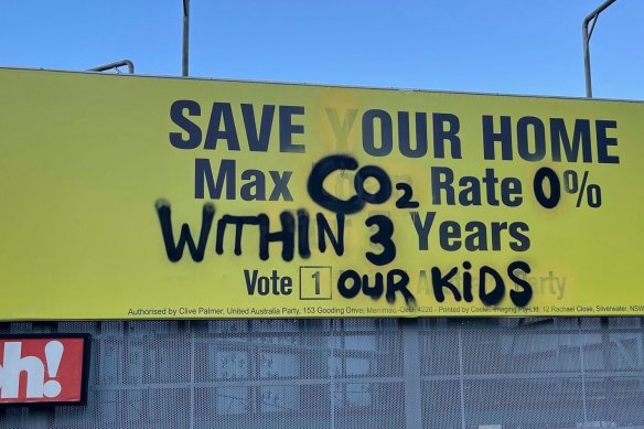 A defaced United Australia Party billboard, publicised by the online collective AdJackers.