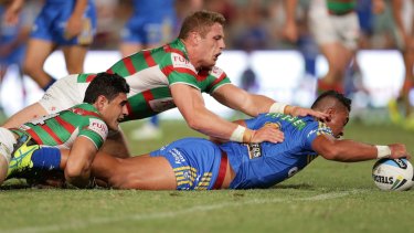 John Folau scores a try for the Parramatta Eels during the 2015 NRL season. 