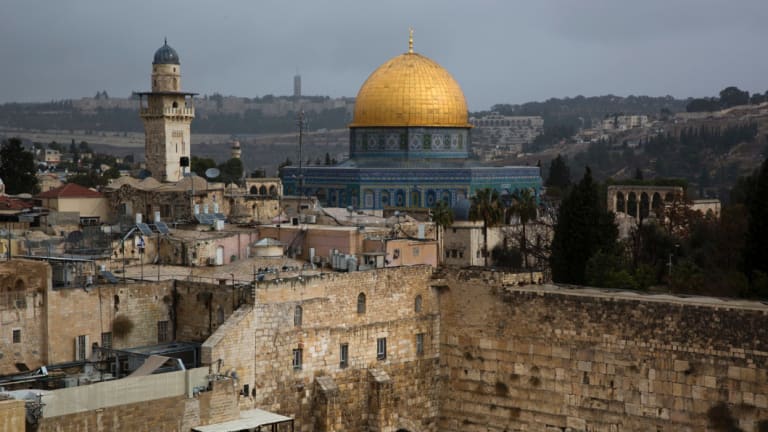 The Western Wall and the Dome of the Rock, some of the holiest sites for for Jews and Muslims, in Jerusalem.