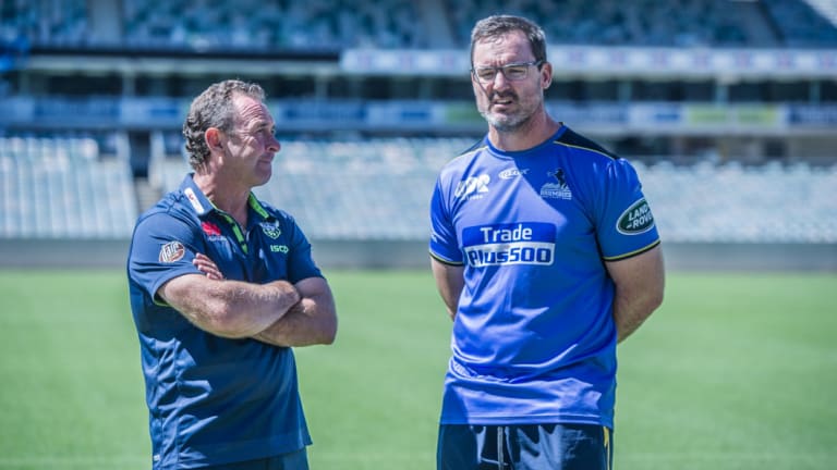 Brumbies coach Dan McKellar with Raiders coach Ricky Stuart.