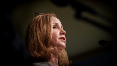 AUSTRAC chief executive Nicole Rose announcing the $700 million money-laundering settlement with the Commonwealth Bank. 