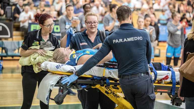 Rachel Jarry was stretchered from the court following a collision last season.