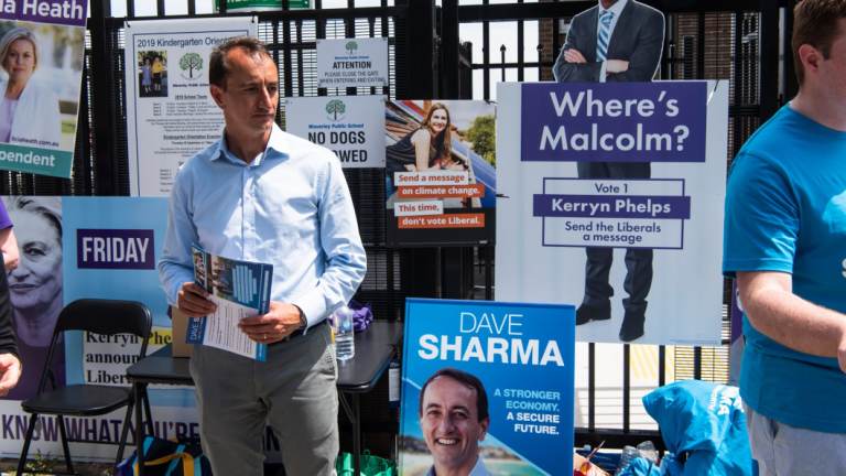 Liberal Candidate Dave Sharma, campaigning at Waverley Public School. 