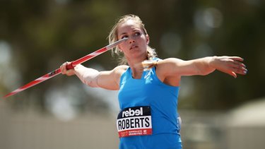 Kelsey-Lee Barber, pictured, has qualified for the world athletic championships in Doha after a 62 metre throw in Sydney on Thursday.