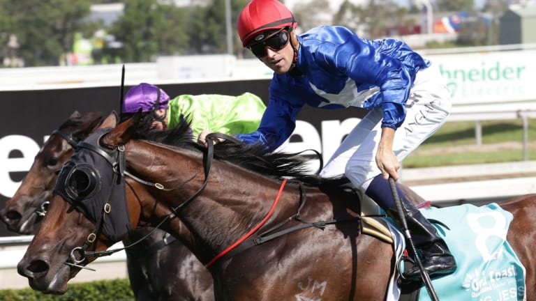 Future shrouded: Injured jockey Tye Angland, pictured here winning the 2017 Magic Millions Guineas, will be in many people's thoughts this weekend.