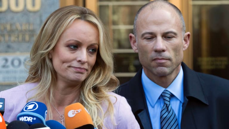 Adult film actress Stormy Daniels with her lawyer Michael Avenatti  outside federal court in New York in April this year.