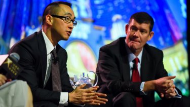 James Packer with Lawrence Ho, the Macau casino magnate who plans to buy a 19.9 per cent of Crown from Packer for $1.8 billion.