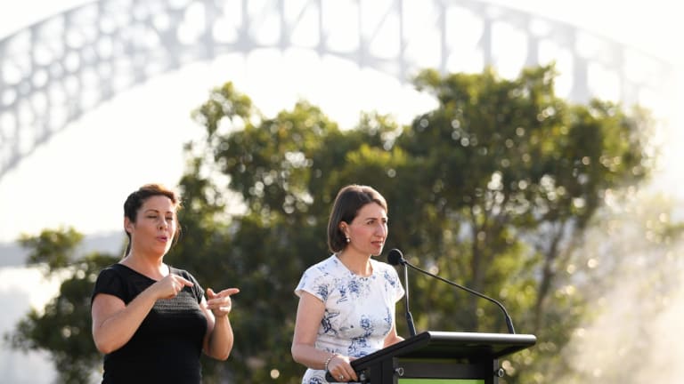 NSW Premier Gladys Berejiklian speaks during the Australia Day Wugulora Morning Ceremony on the Walumil Lawns at Barangaroo in Sydney, Saturday, January 26, 2019. (AAP Image/ Joel Carrett) NO ARCHIVING