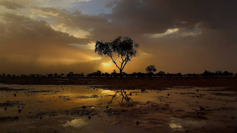 Pools of water after rain on the otherwise parched plain between Louth and Bourke, two towns on the Darling River.