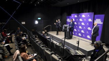 The Victorian Premier Daniel Andrews giving his daily COVID-19 press conference at Treasury Theatre supported by Martin Pakula and Tim Pallas.