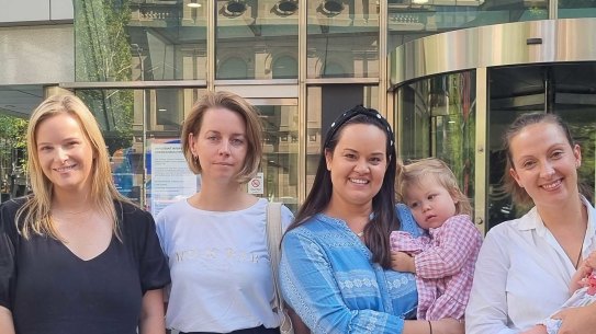 Stacey Harley, Ophi Mouton, Lauren Pedron and Peta Brunel protesting outside the County Court on Tuesday.