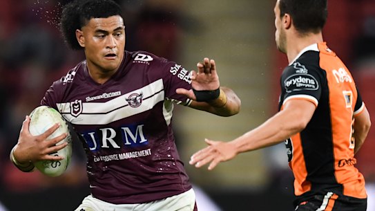 Manly forward Haumole Olakau’atu on the attack.