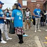 Gareth Hales, multimillionaire son of Plymouth Brethren Christian Church leader Bruce Hales, wears a blue Scott Yung campaign shirt at the Bennelong polling booth on April 30.
