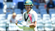 Marnus Labuschagne walks off after being dismissed in Cape Town on day two.