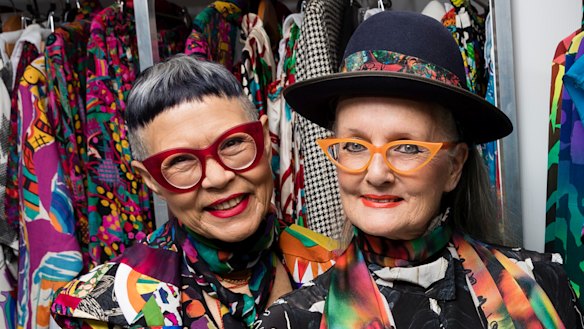 Fashion designers Jenny Kee and Linda Jackson at the Powerhouse Museum in Sydney to announce their new exhibition.