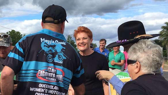 Pauline Hanson had a line of locals asking for selfies outside the Clermont Grand Hotel on Saturday afternoon.
