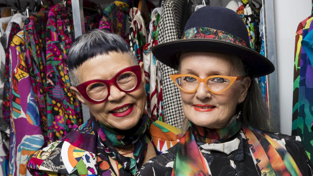 Fashion designers Jenny Kee and Linda Jackson at the Powerhouse Museum in Sydney to announce their new exhibition.