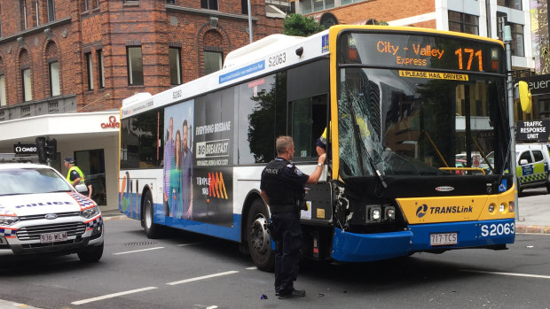 The bus that was involved in the collision at the intersection of Elizabeth Street and Edward Street in Brisbane's CBD.