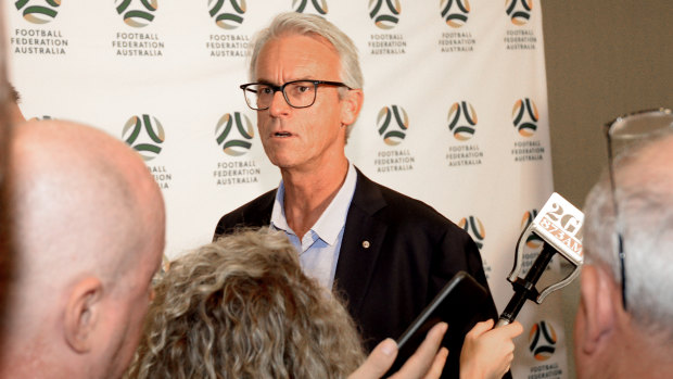 Position under scrutiny: David Gallop answers questions after meeting Matildas players to explain why Alen Stajcic was suddenly sacked as coach in January.
