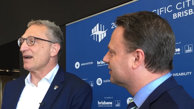 Amazon's former chief scientist Dr Andreas Weigend and lord mayor Adrian Schrinner in Brisbane at the 2019 Asia Pacific Cities Summit.